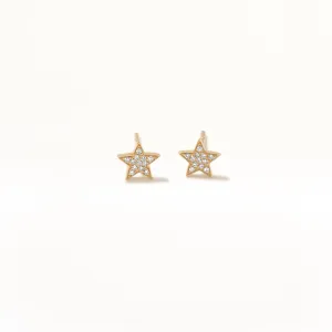 14K Yellow Gold Dainty Diamond Star Stud Earrings