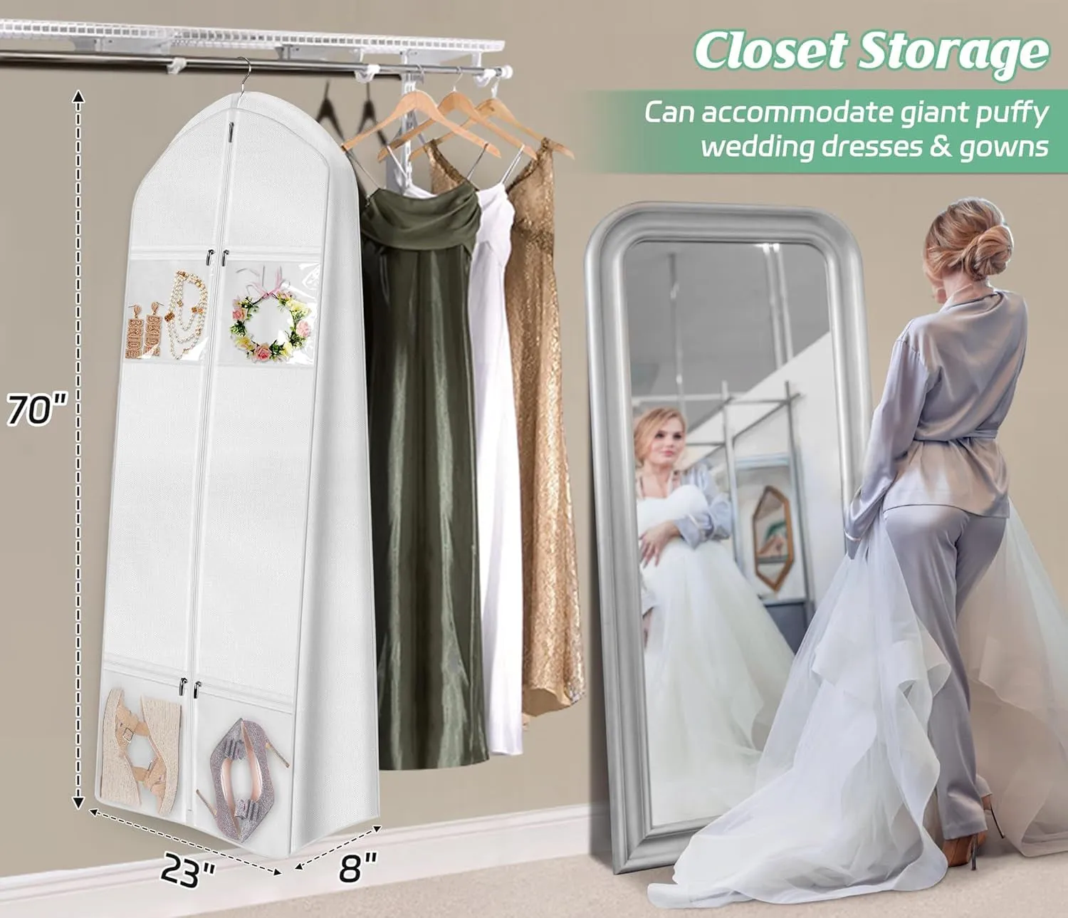 70" Wedding Dress Garment Bag with Bride Tote Bag