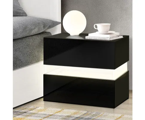 Bedside Table 2 Drawers RGB LED Side Nightstand High Gloss Cabinet Black