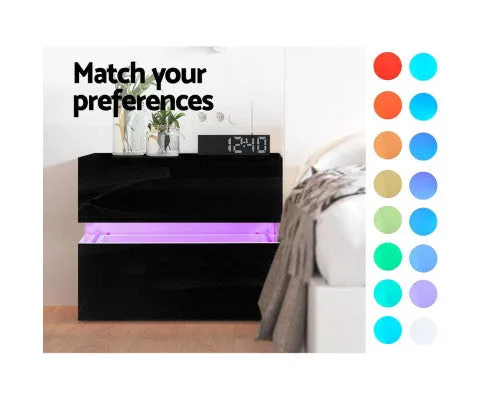 Bedside Table 2 Drawers RGB LED Side Nightstand High Gloss Cabinet Black