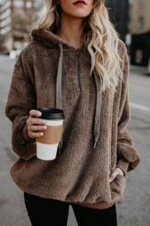 Cameron Quarter-Zip Drawstring Teddy Hoodie