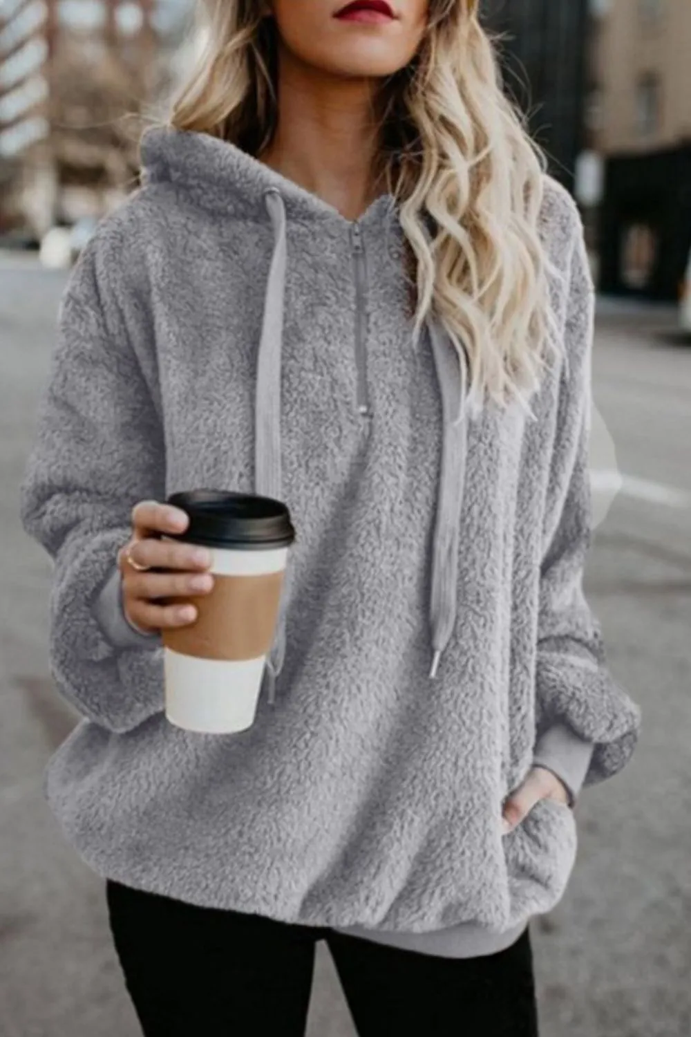 Cameron Quarter-Zip Drawstring Teddy Hoodie