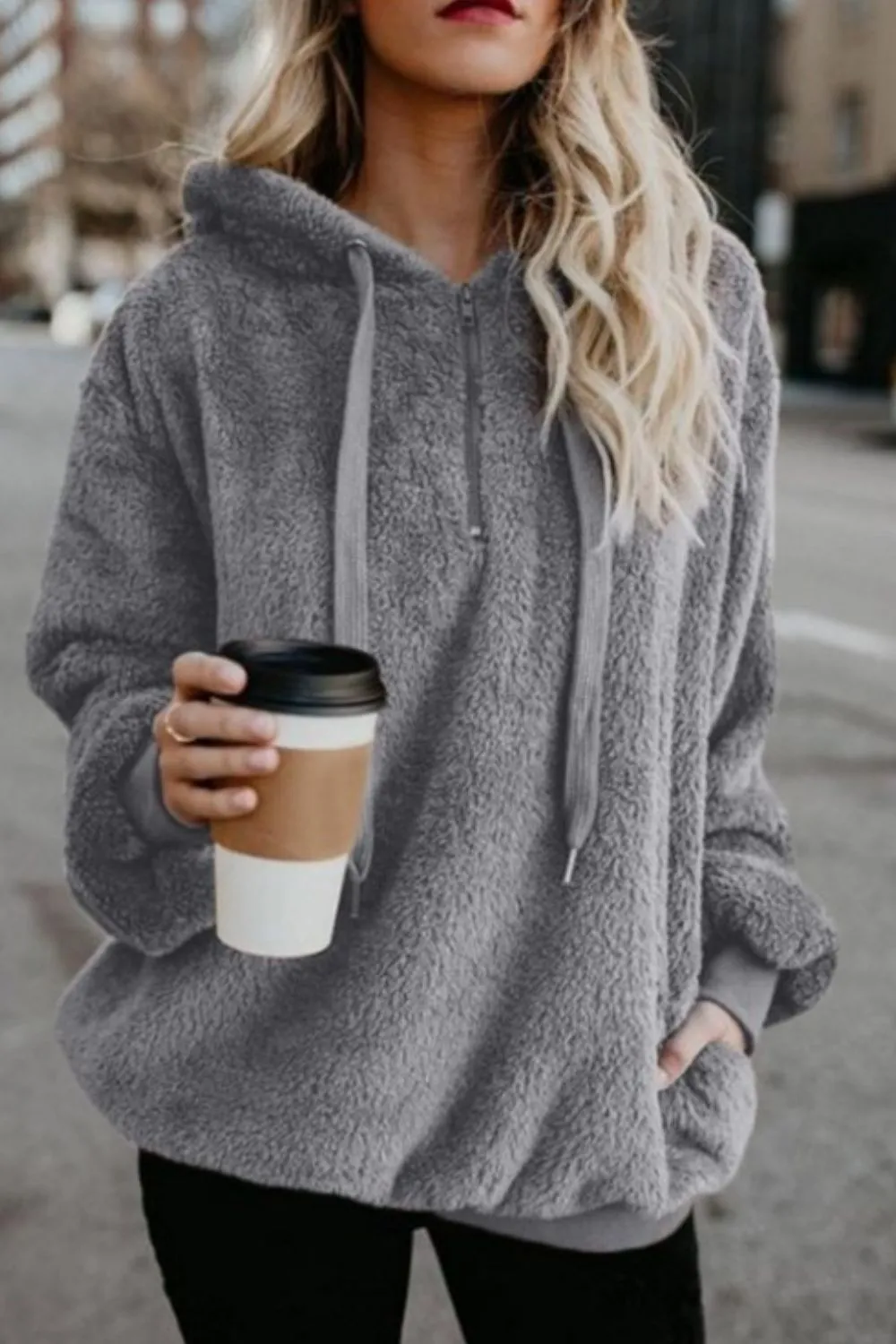 Cameron Quarter-Zip Drawstring Teddy Hoodie