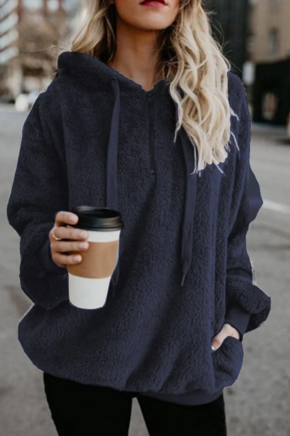 Cameron Quarter-Zip Drawstring Teddy Hoodie