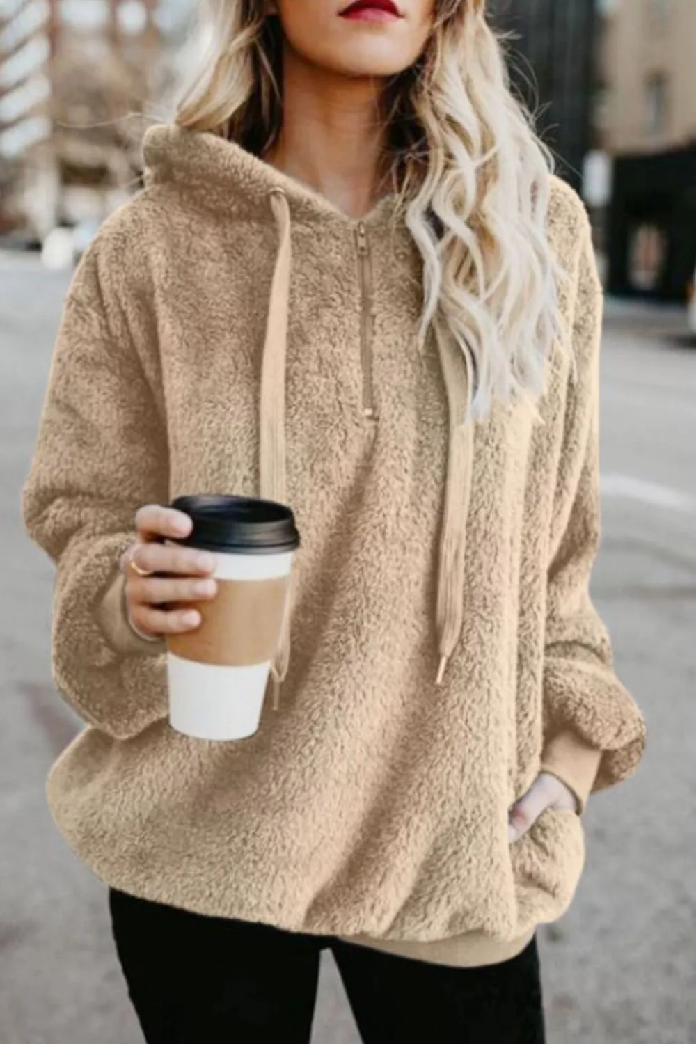 Cameron Quarter-Zip Drawstring Teddy Hoodie