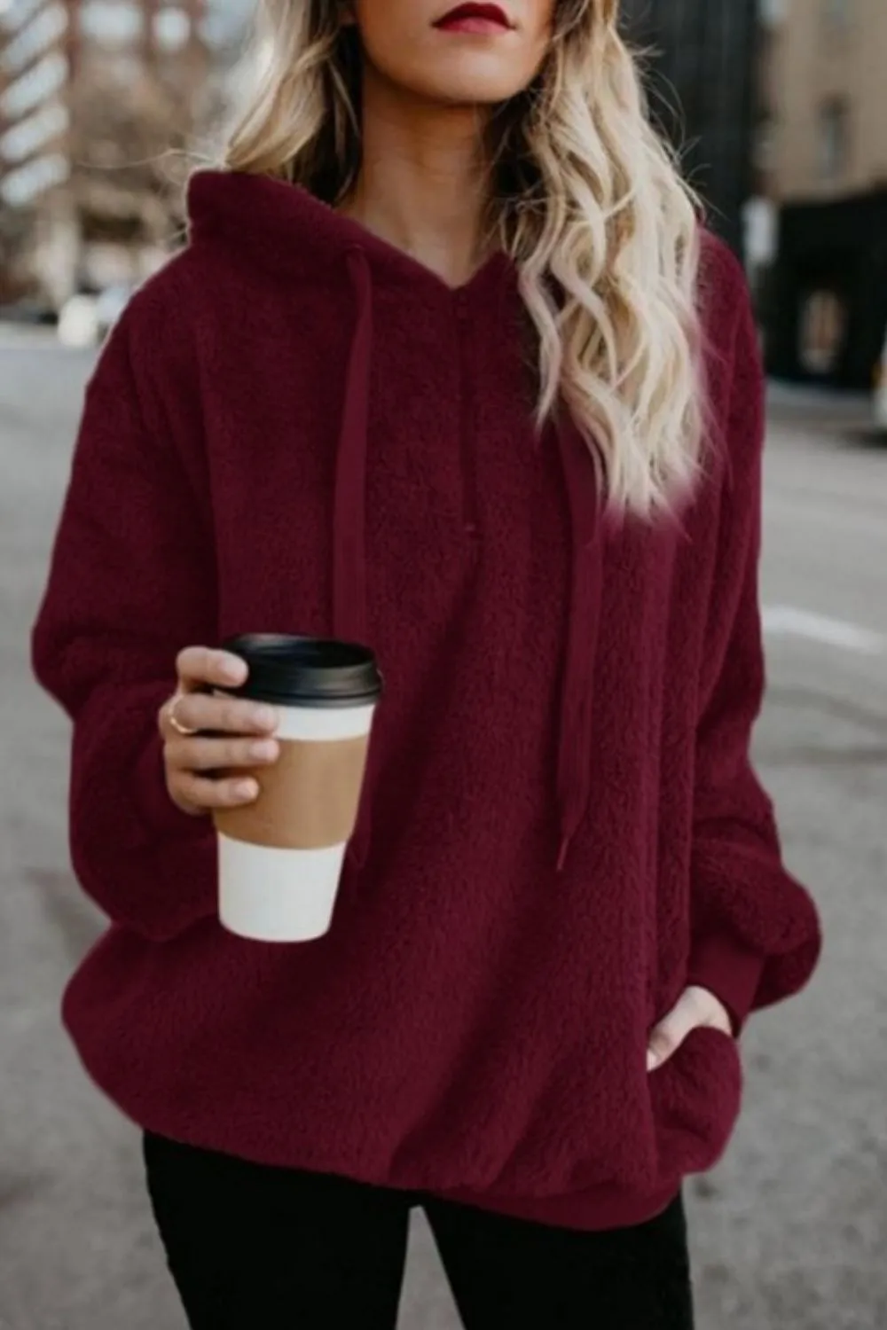 Cameron Quarter-Zip Drawstring Teddy Hoodie