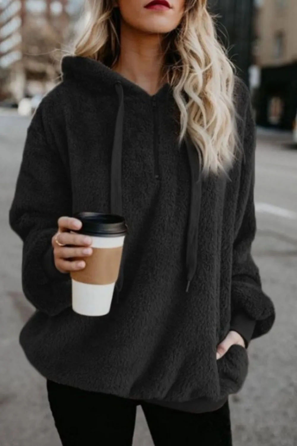 Cameron Quarter-Zip Drawstring Teddy Hoodie