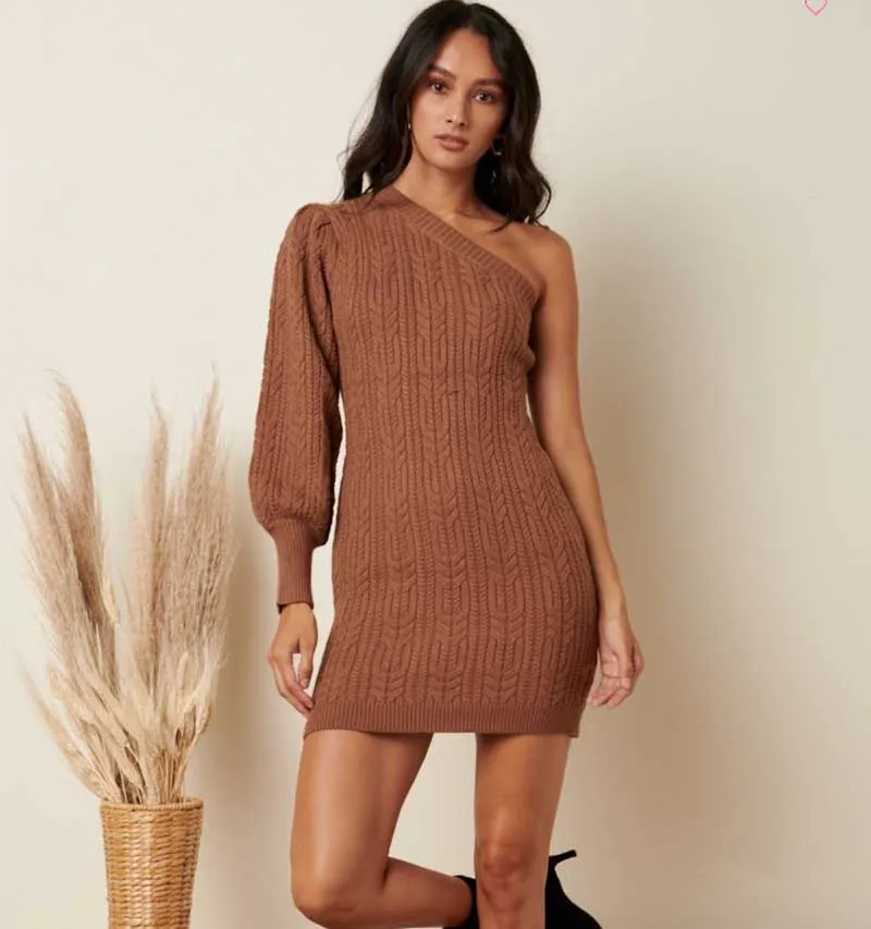 Caramel Knit One Shoulder Dress