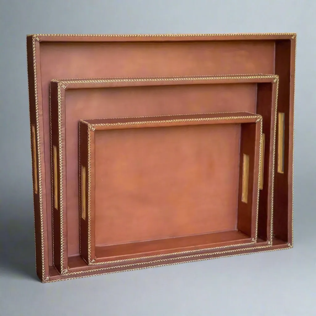 Chica | 15" Cedar Wood   Leather Ottoman Tray