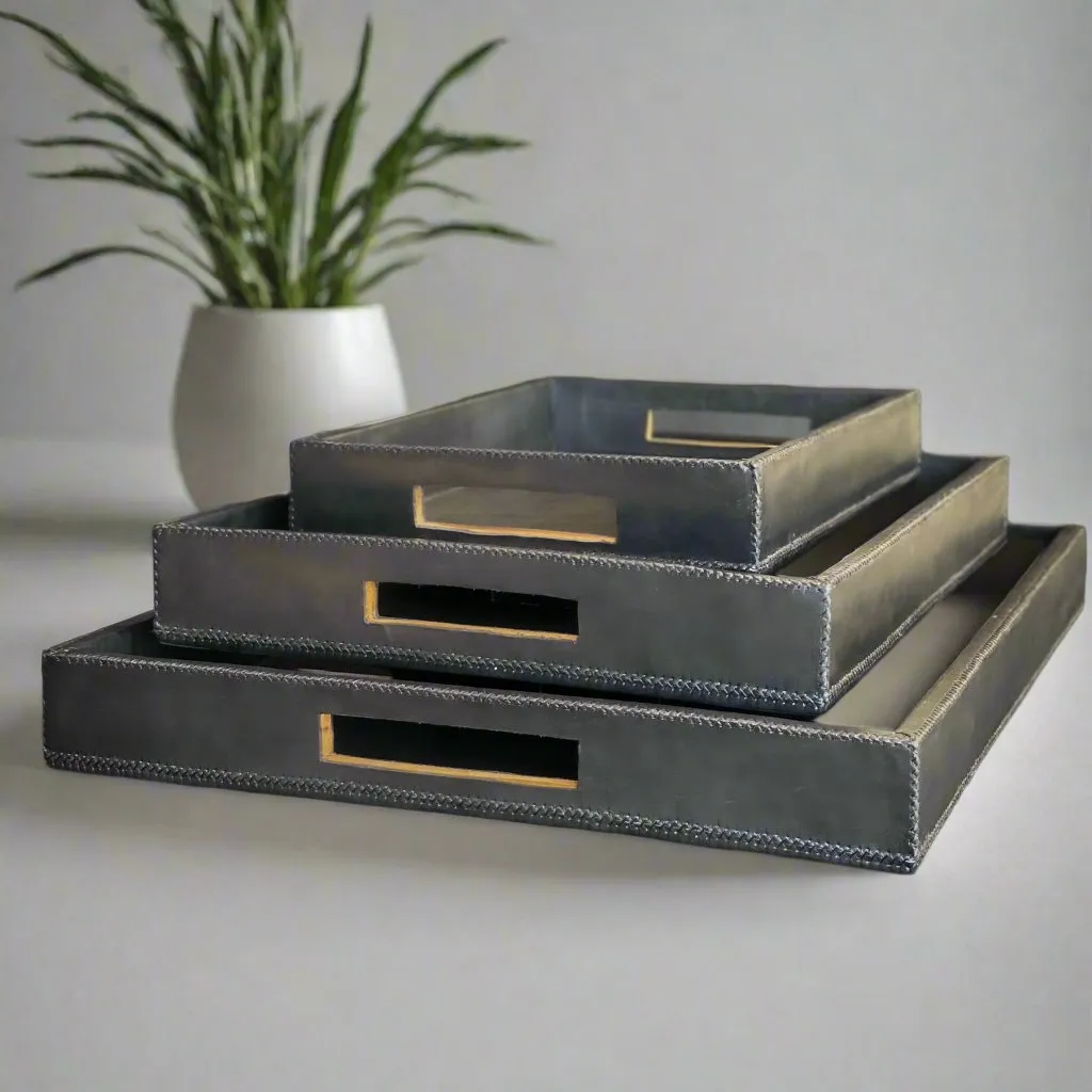 Chica | 15" Cedar Wood   Leather Ottoman Tray