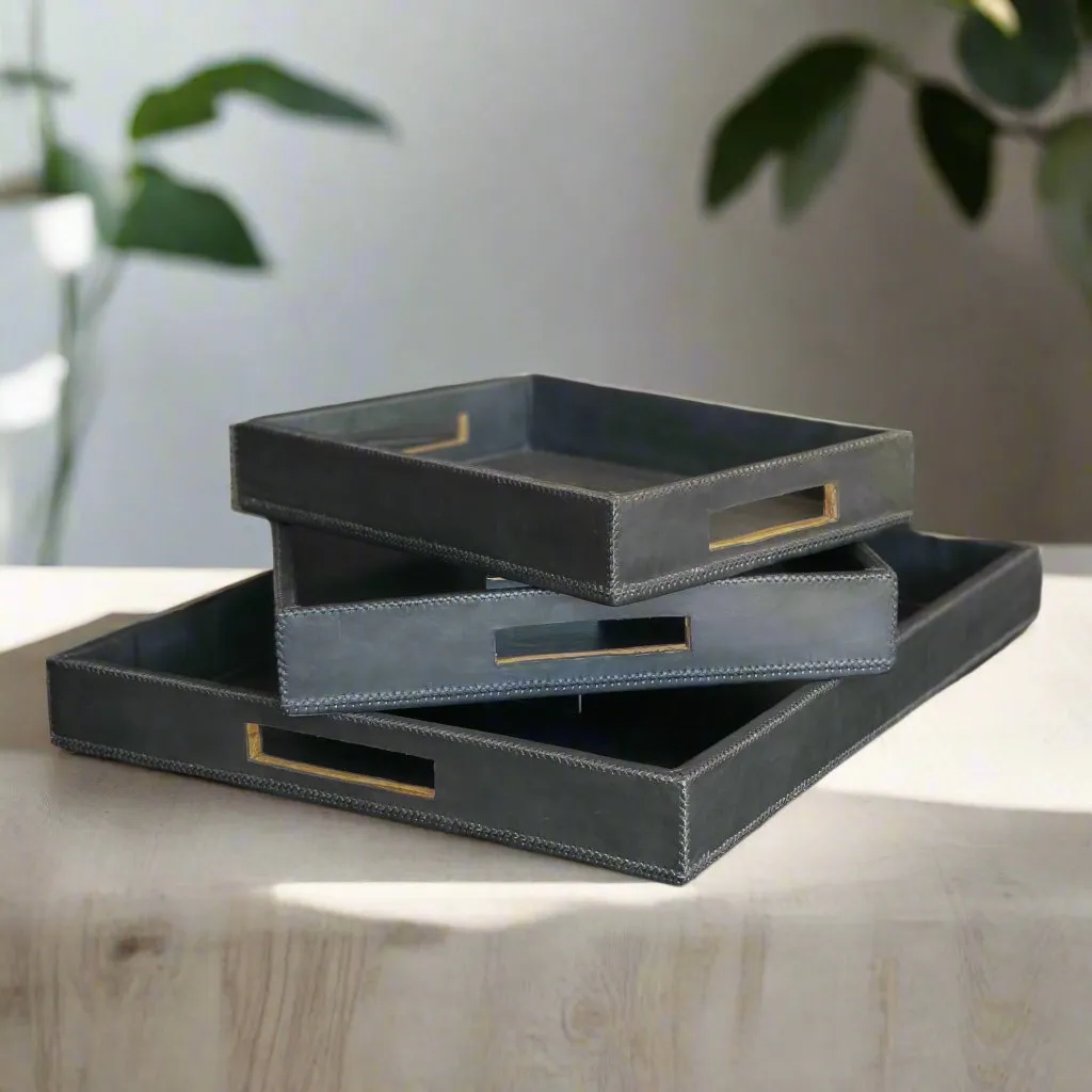 Chica | 15" Cedar Wood   Leather Ottoman Tray
