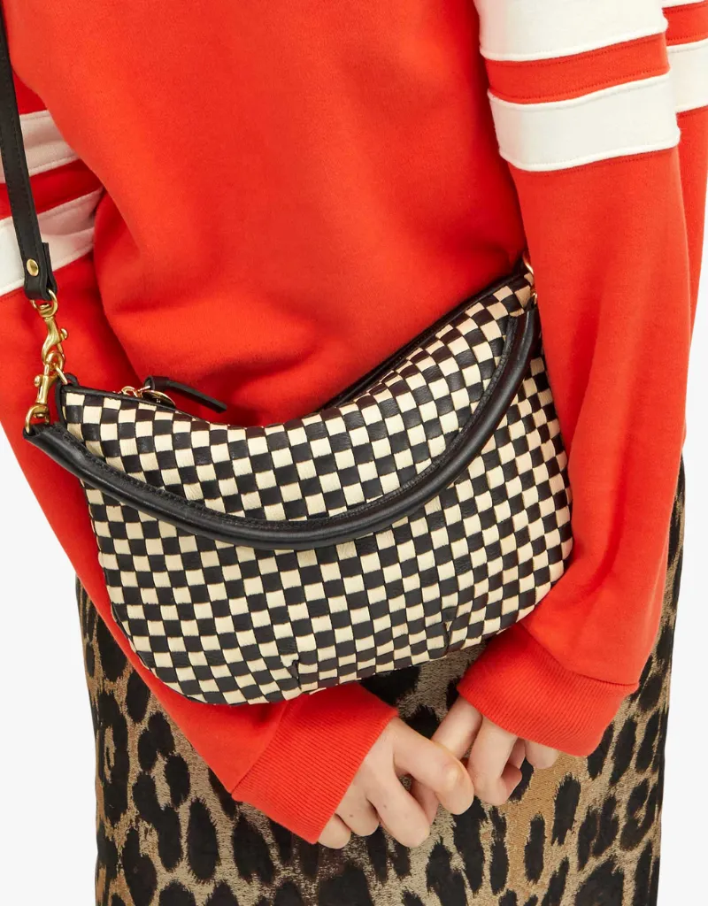 Clare V. Petite Moyen Messenger in Black & Cream Woven Checker