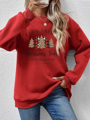 Farm Fresh Christmas Trees Animal Print Round Neck Long Sleeve Sweatshirt
