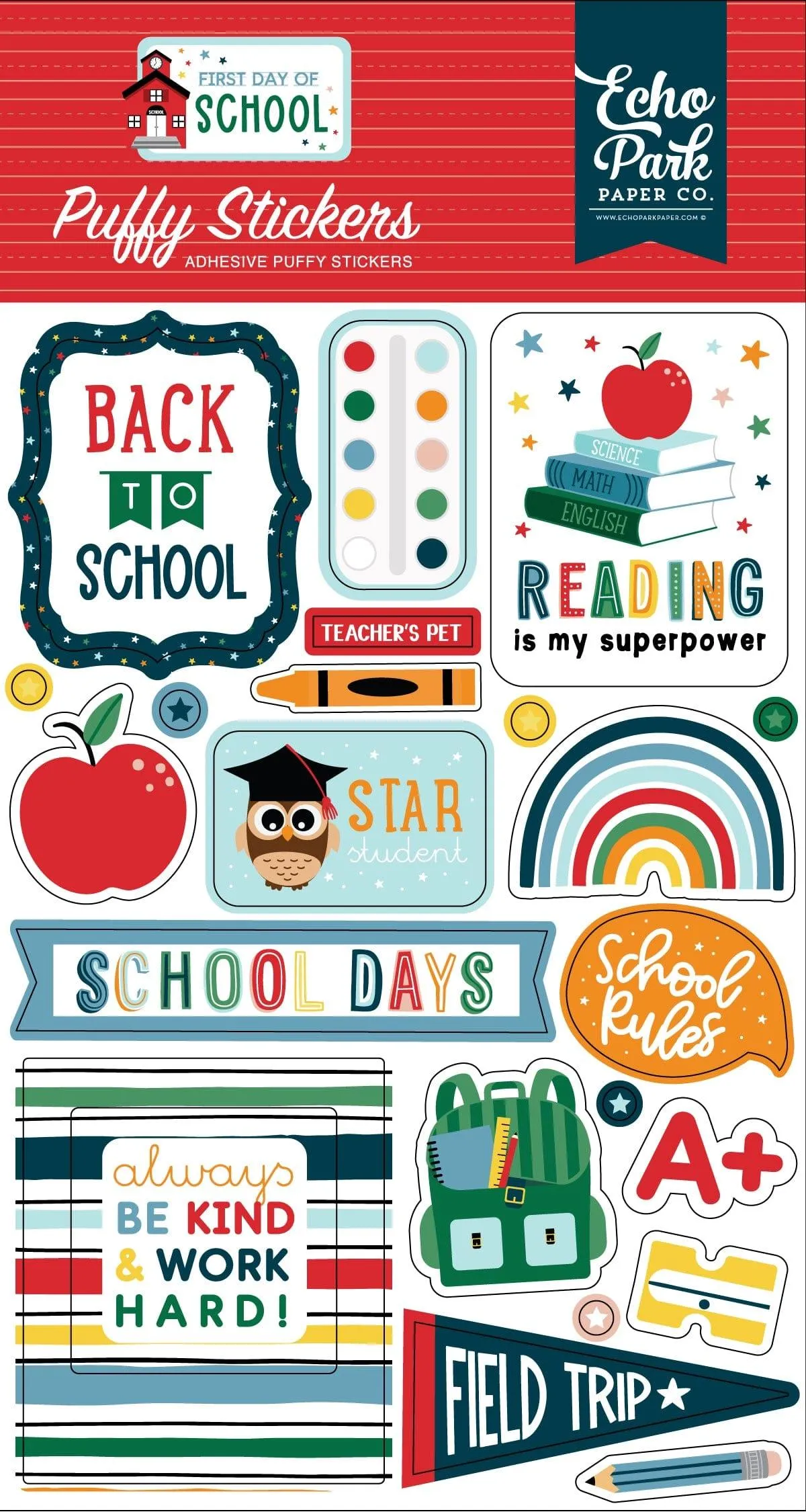 First Day of School Collection 4 x 7 Puffy Stickers Scrapbook Embellishments by Echo Park Paper