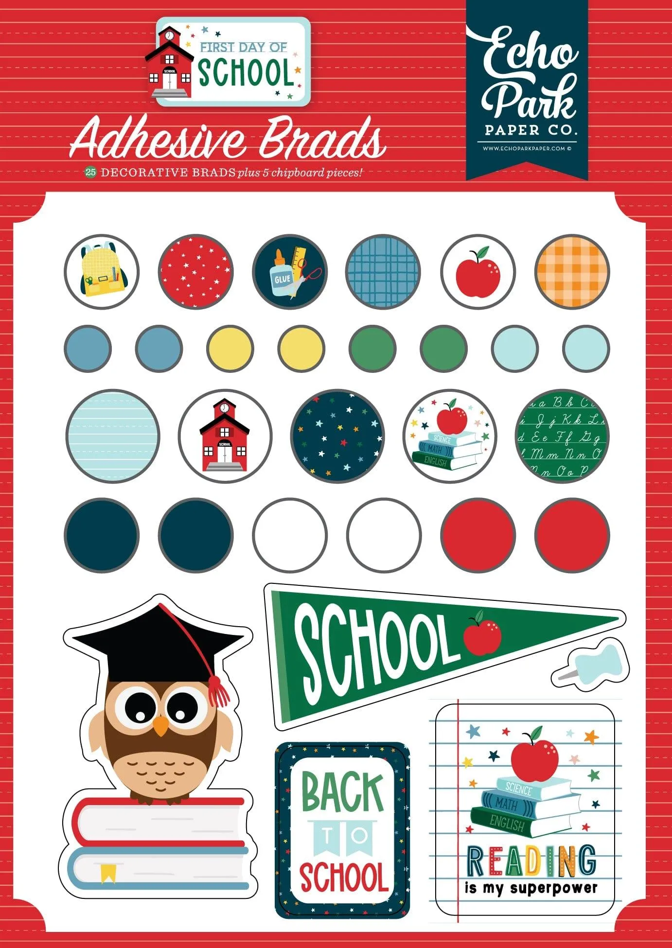 First Day of School Collection 5 x 7 Decorative Scrapbook Brads & Chipboard Pieces Scrapbook Embellishments by Echo Park Paper