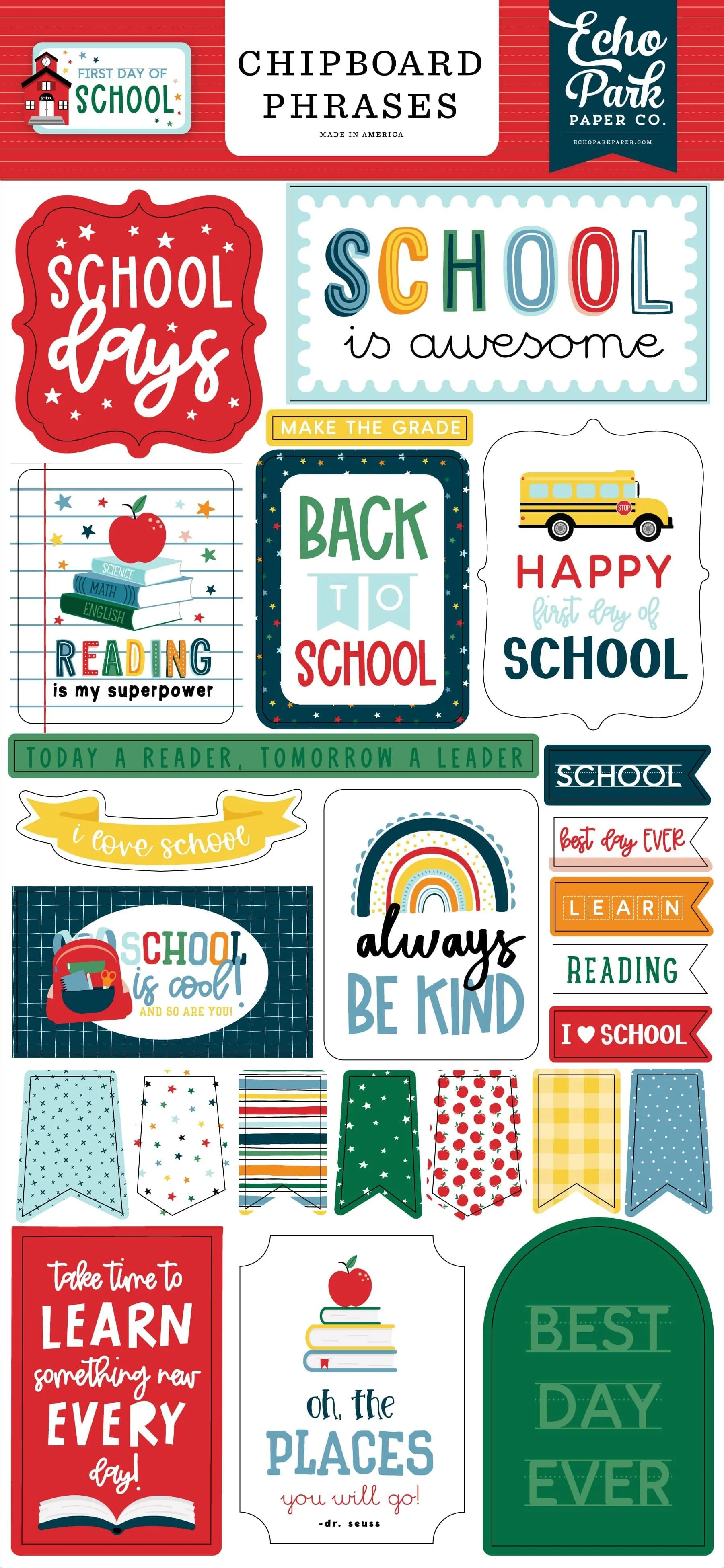 First Day Of School Collection 6 x 12 Scrapbook Chipboard Phrases by Echo Park Paper