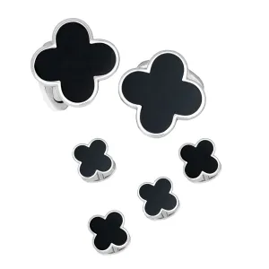 Four Leaf Clover Onyx Sterling Cufflinks & Studs