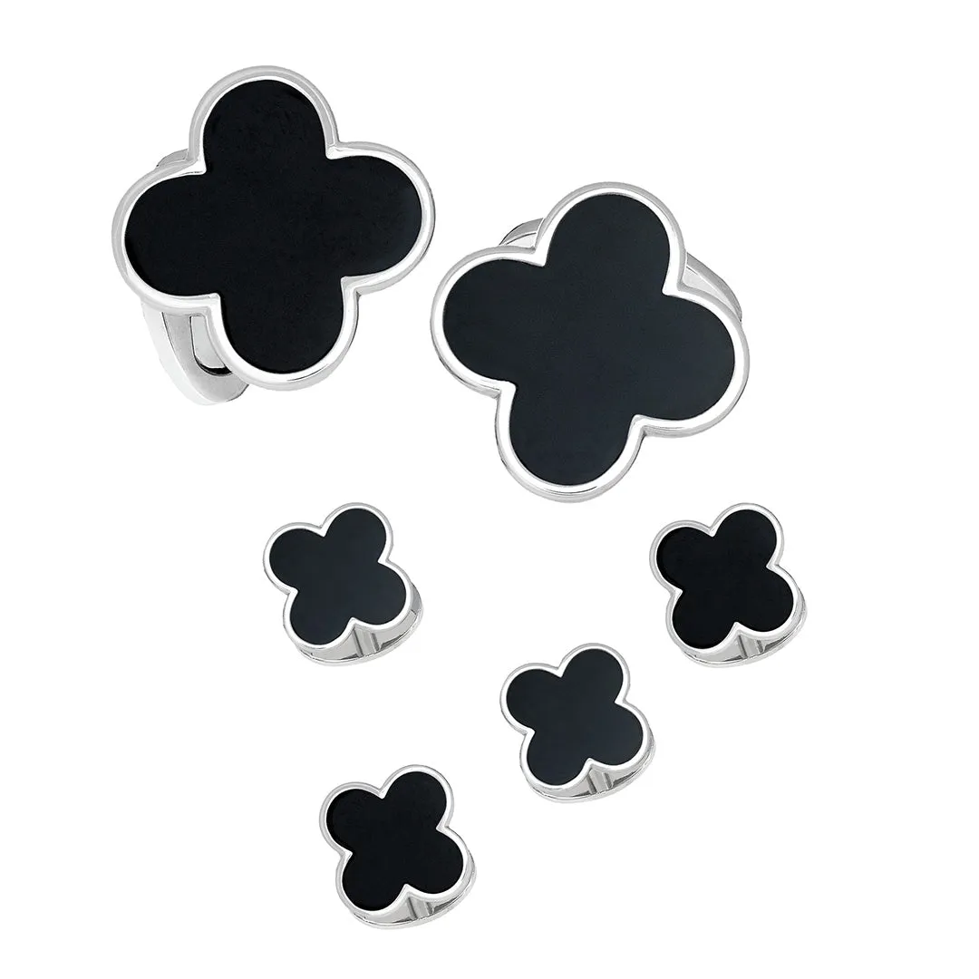 Four Leaf Clover Onyx Sterling Cufflinks & Studs