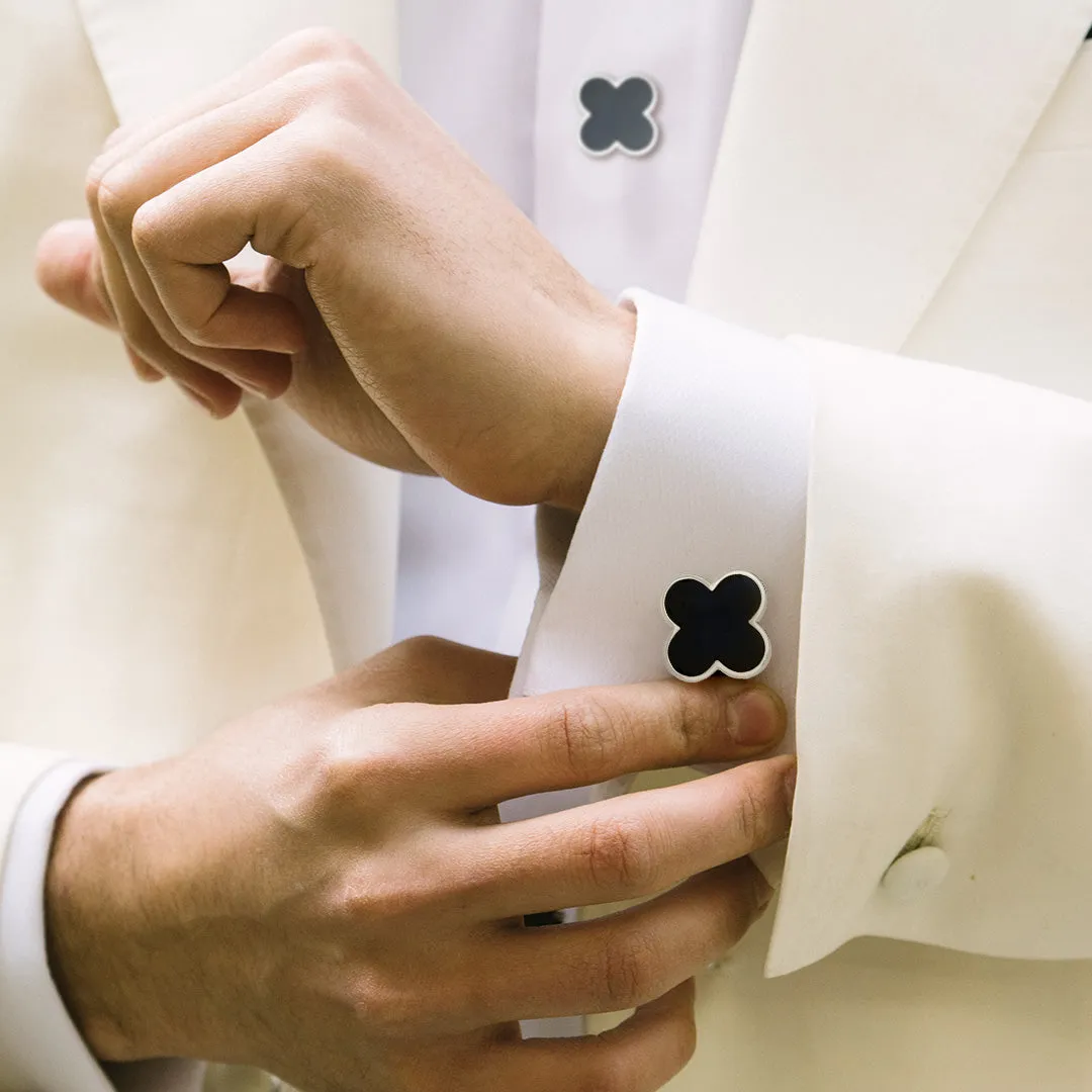 Four Leaf Clover Onyx Sterling Cufflinks & Studs