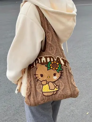 'Holiday' Kawaii Y2k Brown Kitty Knitted Tote Bag