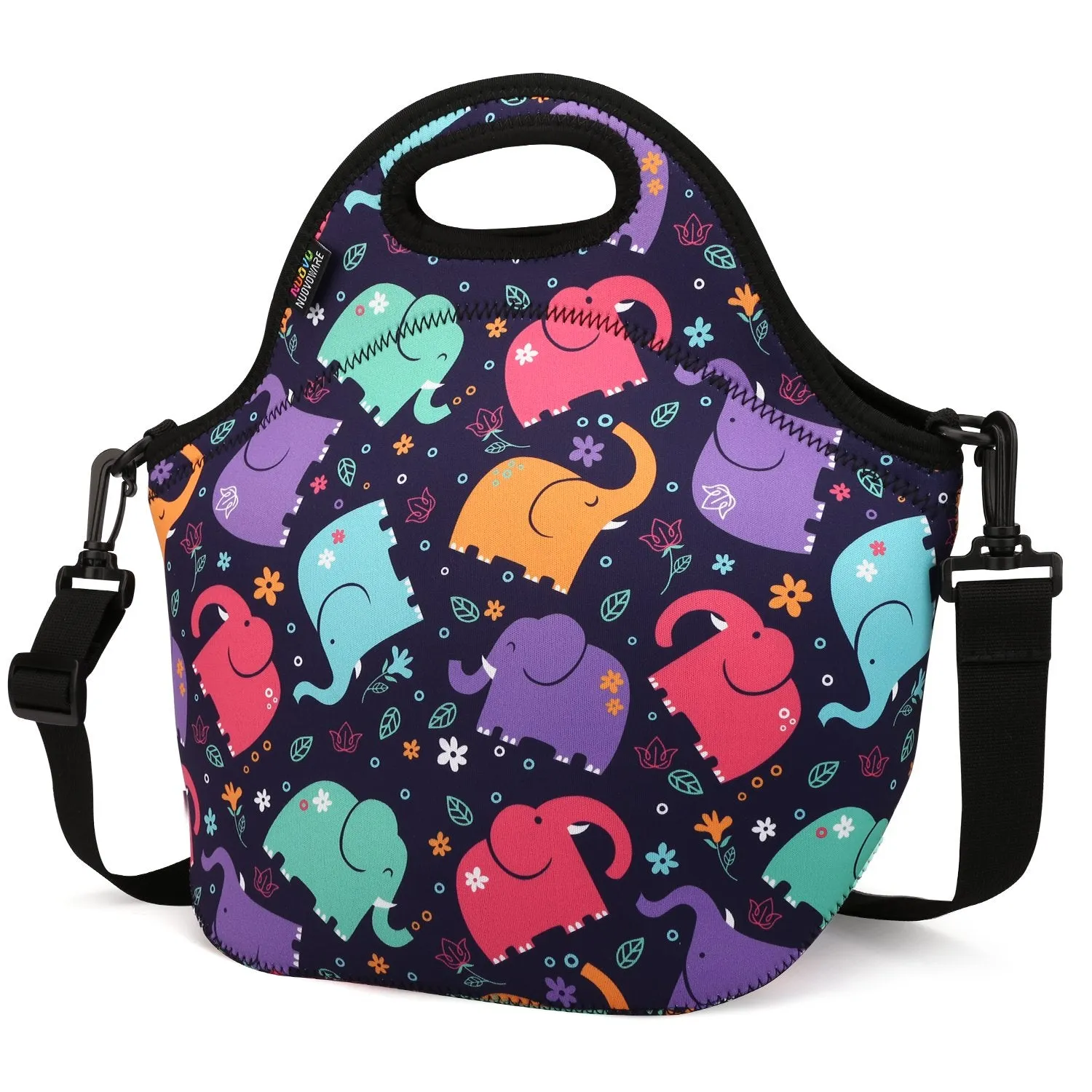 Insulated Lunch Bag, Nuovoware Neoprene Lunch Tote Reusable Picnic Bag Soft Thermal Cooler Tote Multi-purpose Grocery Container with Adjustable Crossbody Strap, Zip Closure, Cartoon Elephant