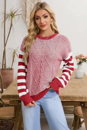 Knox Stripe Geometric Textured Drop Shoulder Sweater - Red