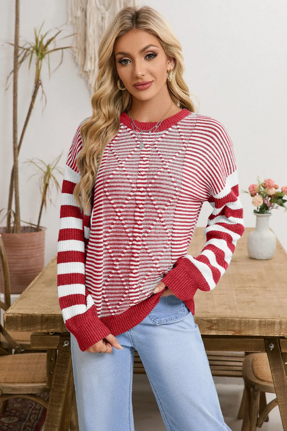 Knox Stripe Geometric Textured Drop Shoulder Sweater - Red