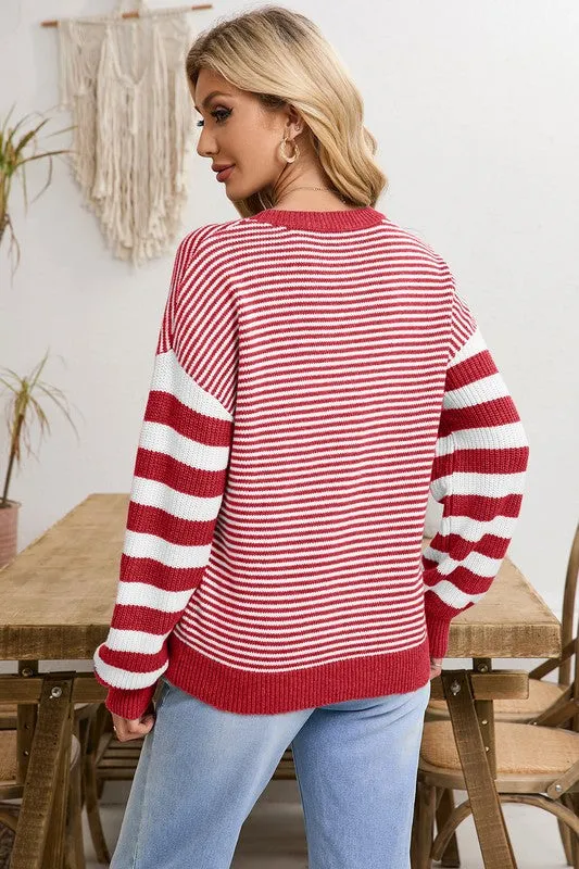 Knox Stripe Geometric Textured Drop Shoulder Sweater - Red