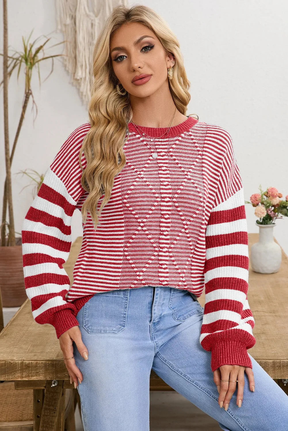 Knox Stripe Geometric Textured Drop Shoulder Sweater - Red