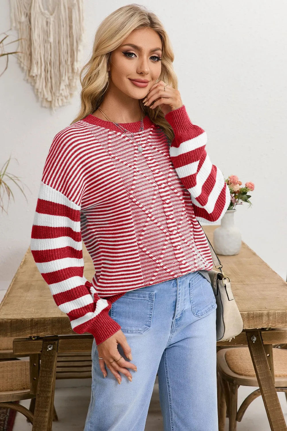 Knox Stripe Geometric Textured Drop Shoulder Sweater - Red