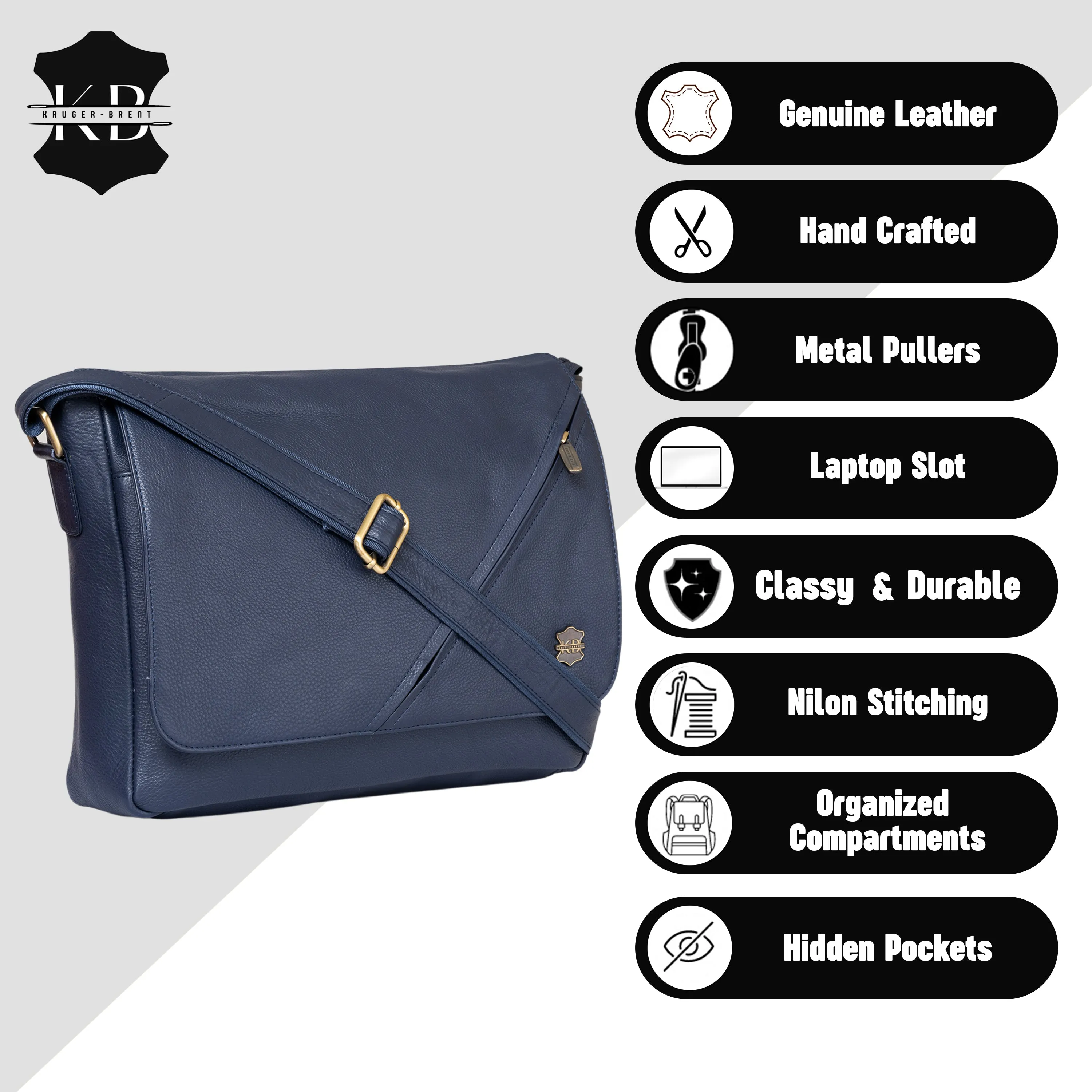Kuger-Brent Hades Navy Genuine Leather Unisex Messenger Bag