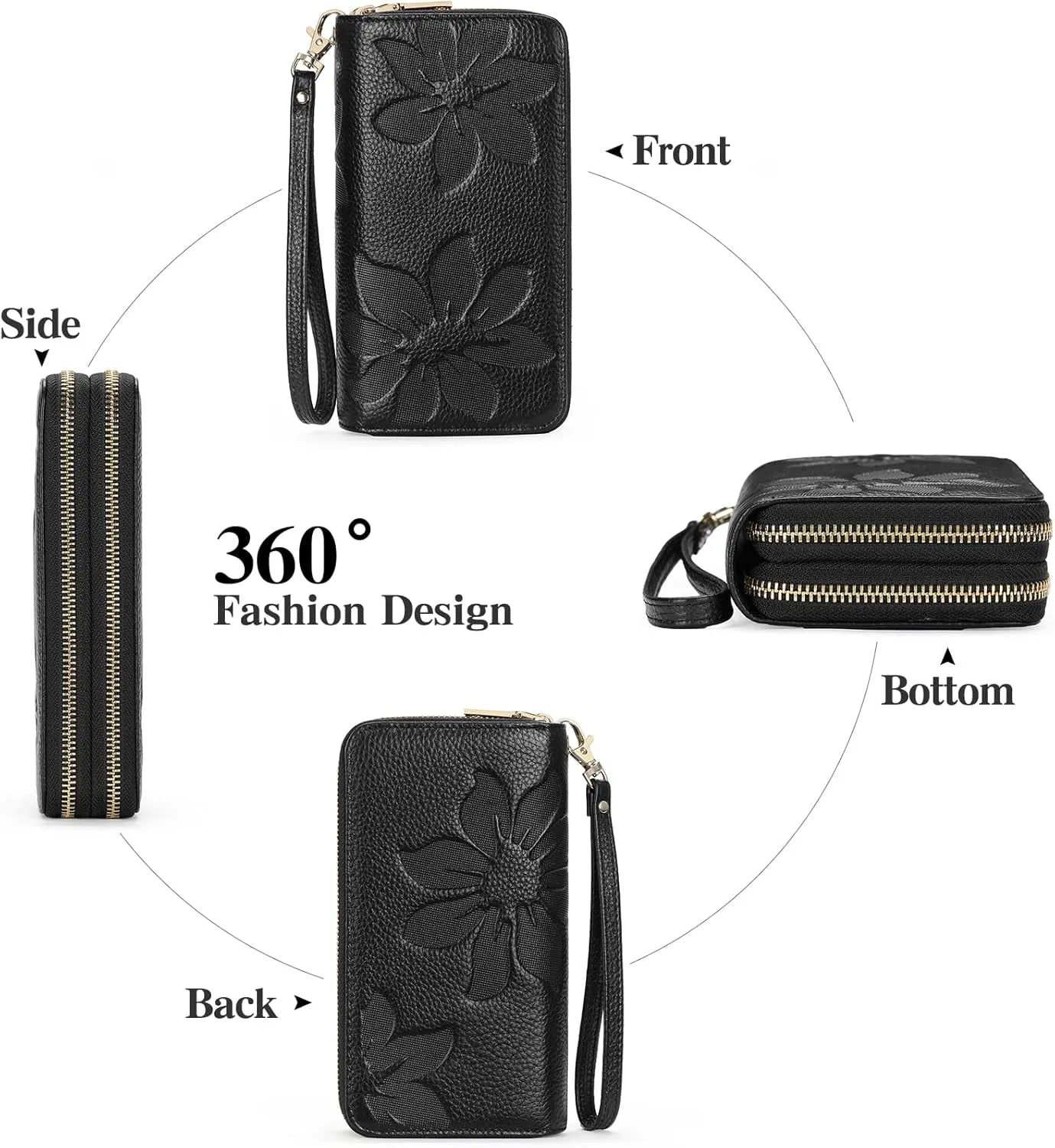 Leather Clutch for Women, Double Zip Wristlet Wallet