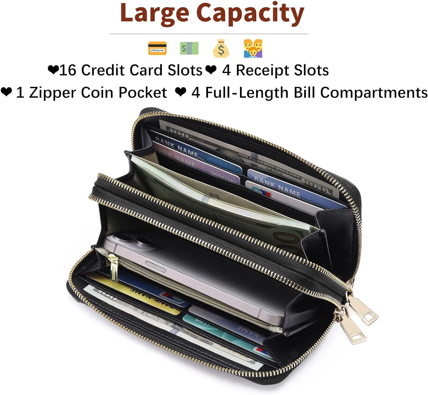 Leather Clutch for Women, Double Zip Wristlet Wallet
