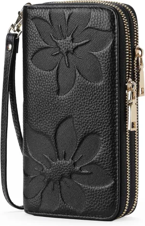 Leather Clutch for Women, Double Zip Wristlet Wallet