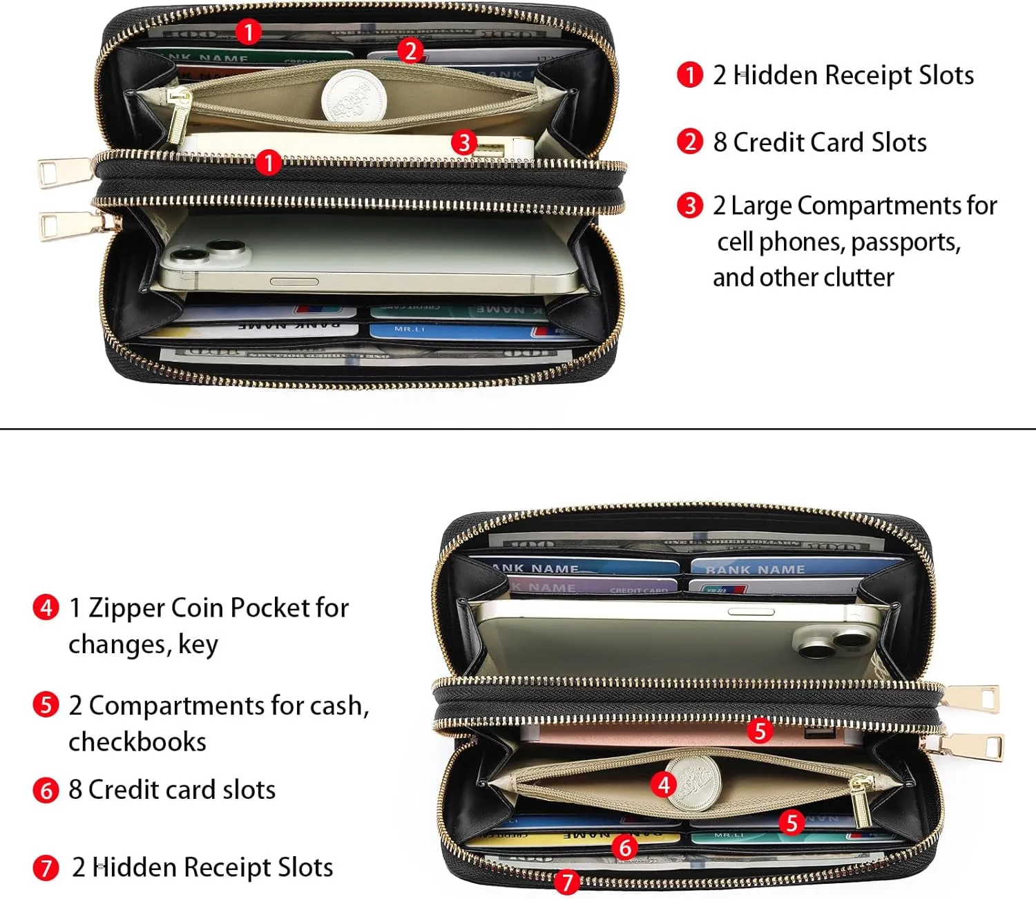 Leather Clutch for Women, Double Zip Wristlet Wallet