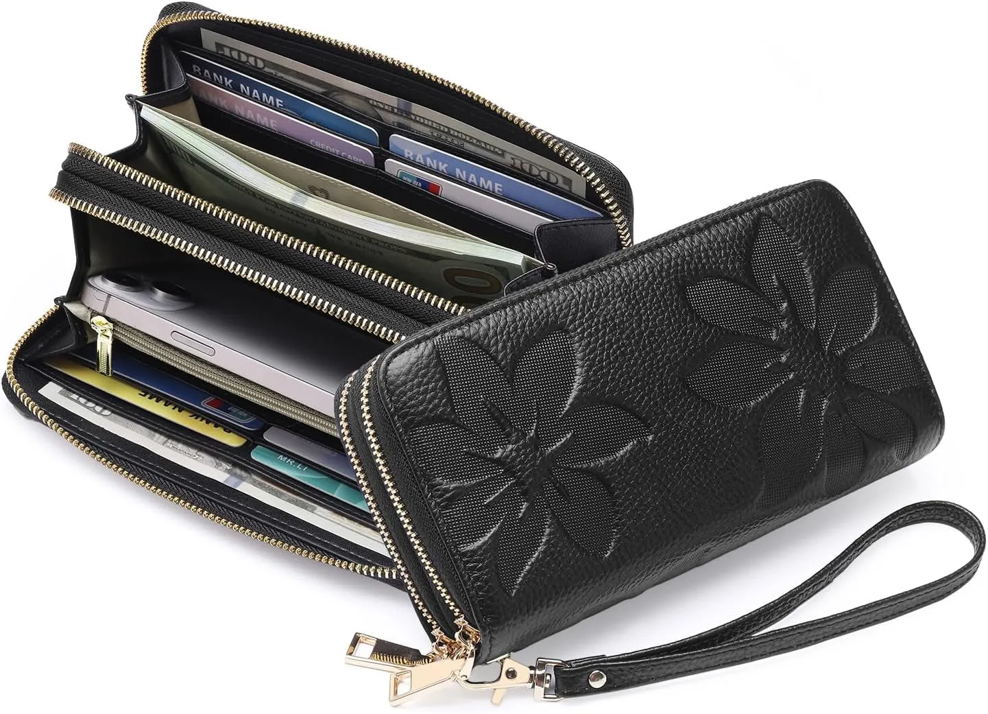 Leather Clutch for Women, Double Zip Wristlet Wallet
