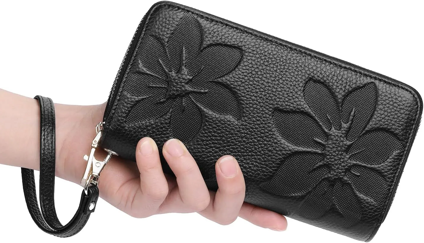 Leather Clutch for Women, Double Zip Wristlet Wallet