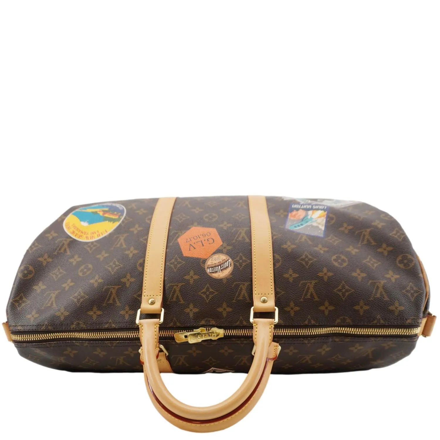 LOUIS VUITTON Keepall 50 Patches Bandouliere Monogram Canvas Travel Bag Brown