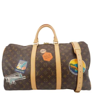 LOUIS VUITTON Keepall 50 Patches Bandouliere Monogram Canvas Travel Bag Brown