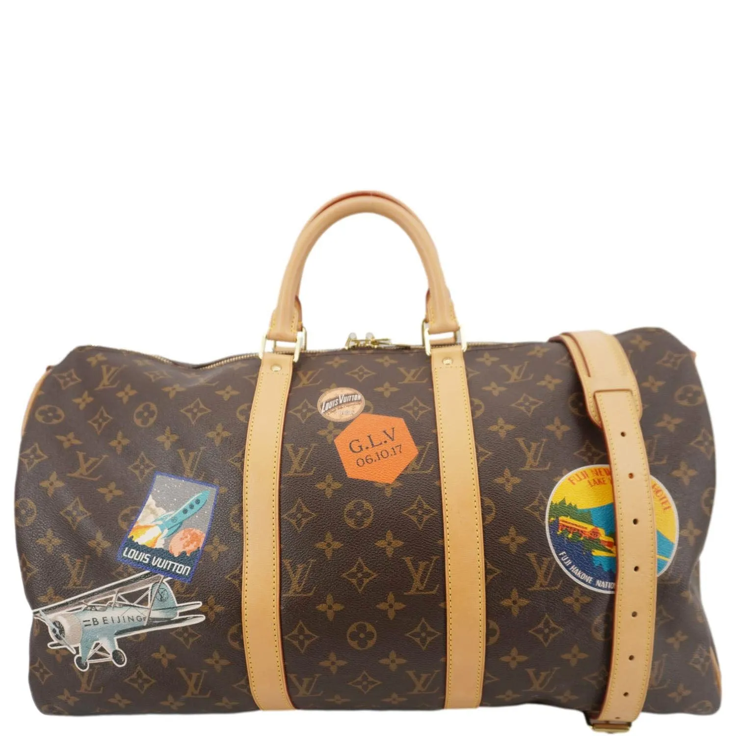 LOUIS VUITTON Keepall 50 Patches Bandouliere Monogram Canvas Travel Bag Brown