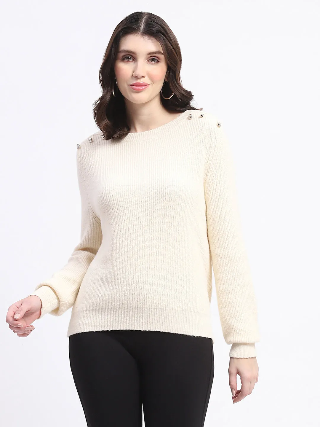 Madame Button Detailed Solid Beige Knitted Sweater