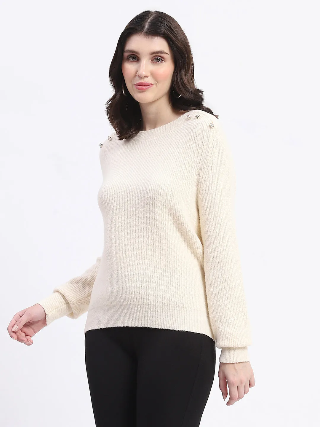 Madame Button Detailed Solid Beige Knitted Sweater