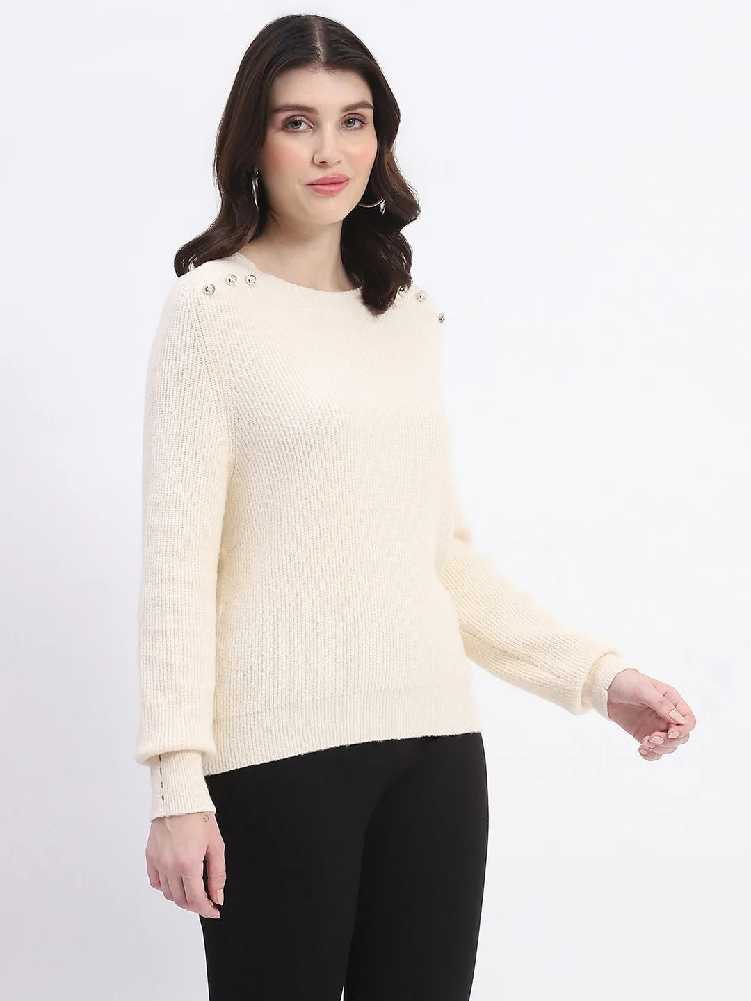 Madame Button Detailed Solid Beige Knitted Sweater