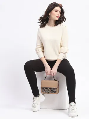 Madame Button Detailed Solid Beige Knitted Sweater