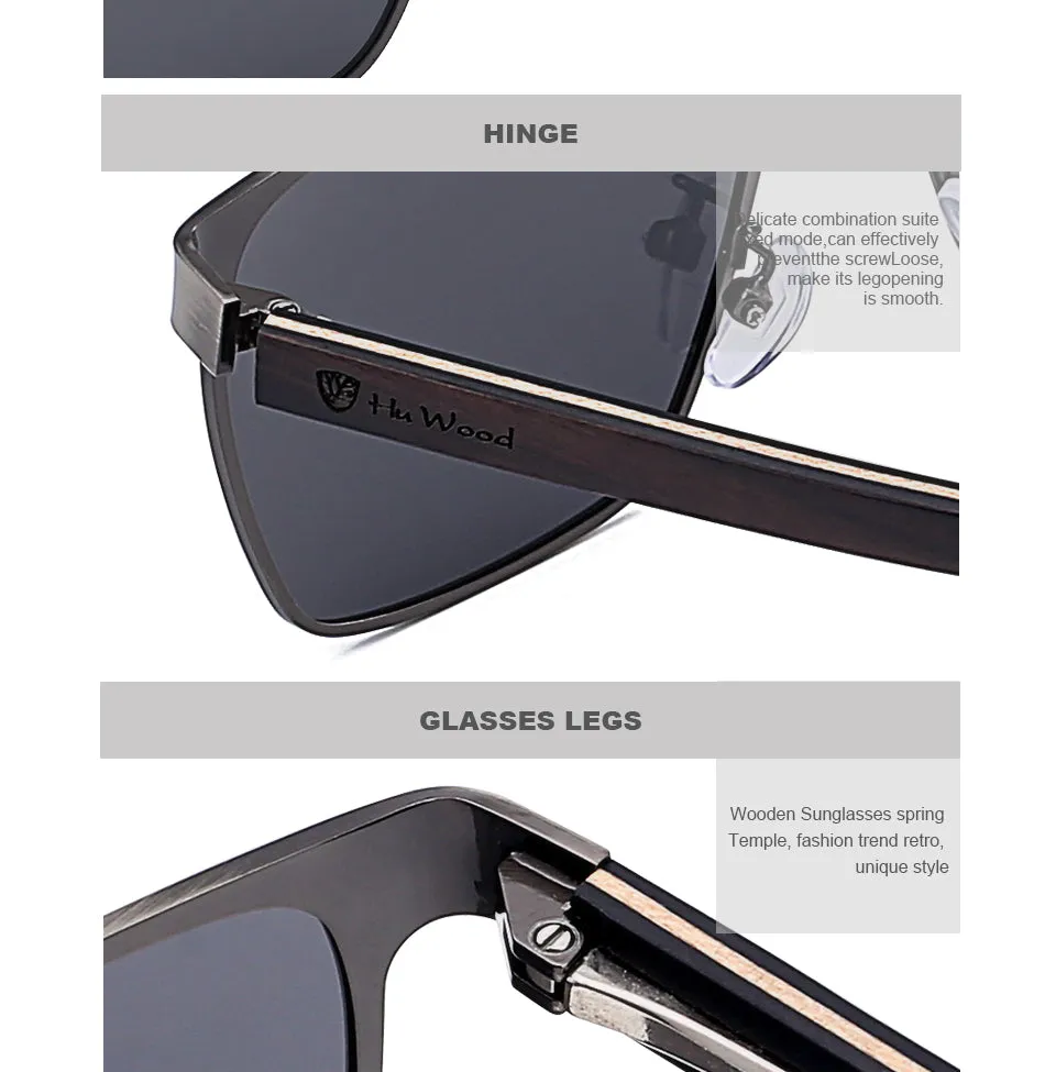 Men's Square Metal Frame Sunglasses Spring Wood Temple With Polarized Lenses 4 Colors Gr8037