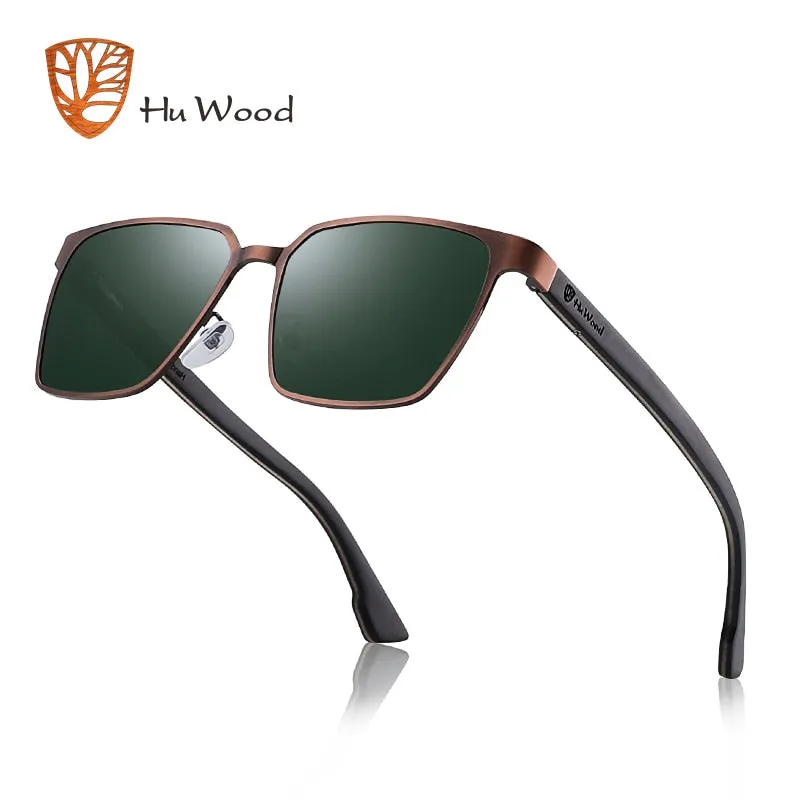 Men's Square Metal Frame Sunglasses Spring Wood Temple With Polarized Lenses 4 Colors Gr8037