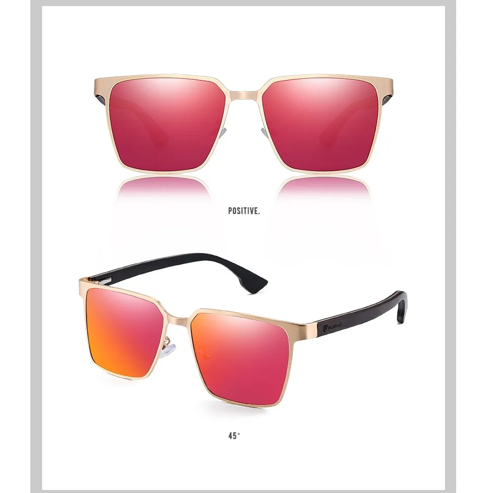 Men's Square Metal Frame Sunglasses Spring Wood Temple With Polarized Lenses 4 Colors Gr8037