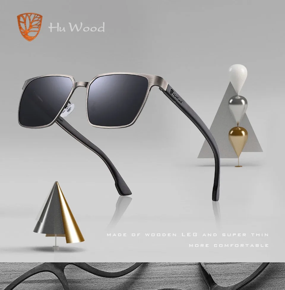 Men's Square Metal Frame Sunglasses Spring Wood Temple With Polarized Lenses 4 Colors Gr8037