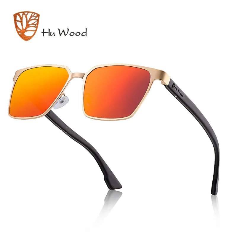 Men's Square Metal Frame Sunglasses Spring Wood Temple With Polarized Lenses 4 Colors Gr8037