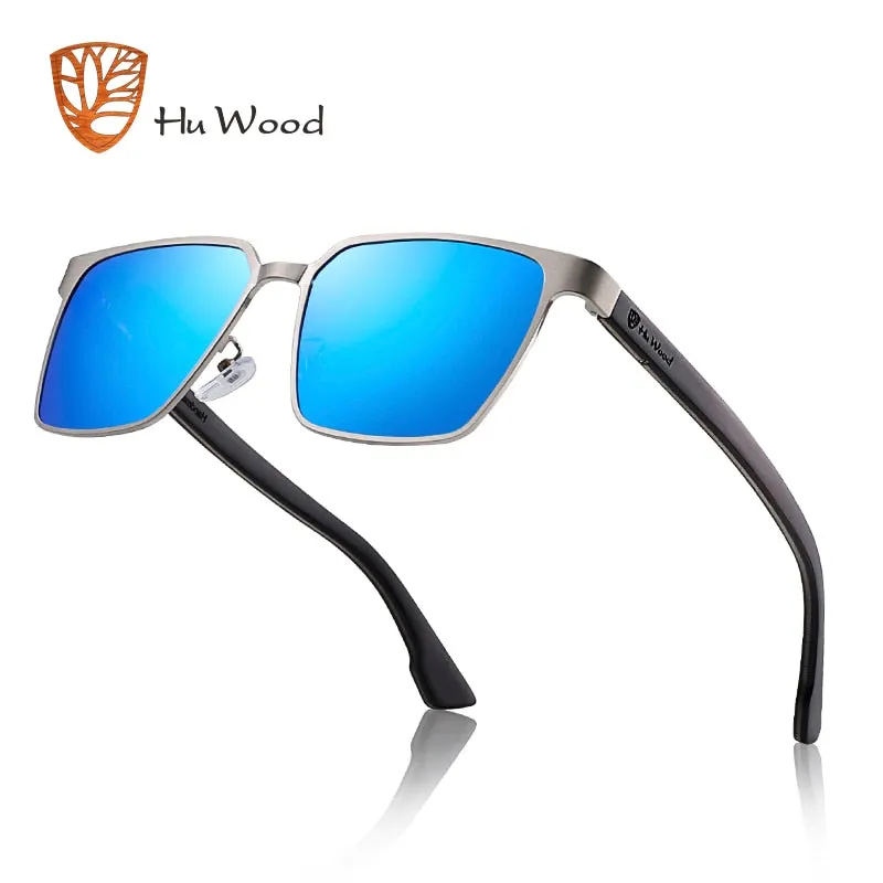 Men's Square Metal Frame Sunglasses Spring Wood Temple With Polarized Lenses 4 Colors Gr8037